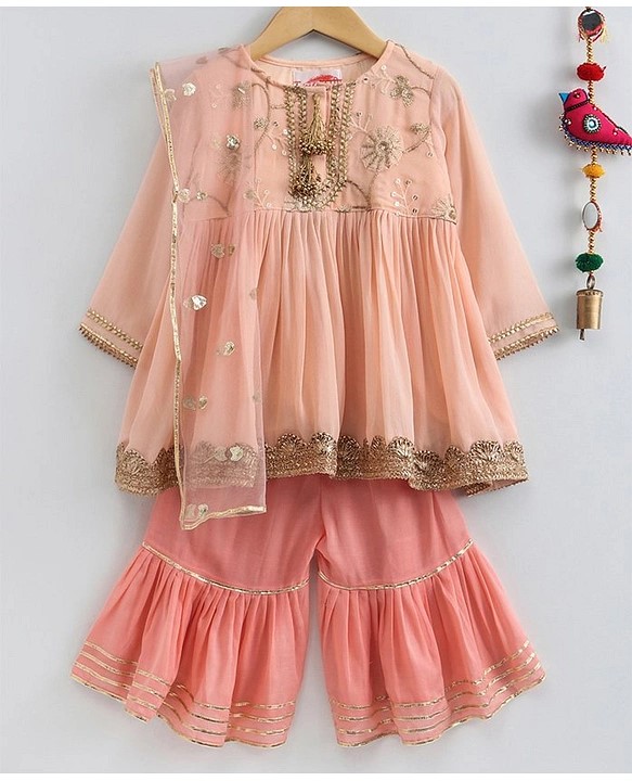 Little Bansi Full Sleeves Gota Lace Embellished & Floral Sequins Embroidered Kurta & Sharara With Dupatta Set - Peach